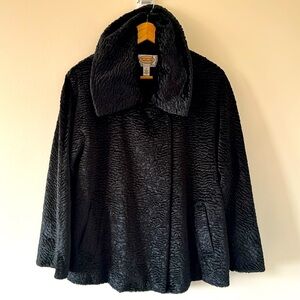 Talbots Black Velvet Faux Persian Fur Dress Coat Size Small Petite